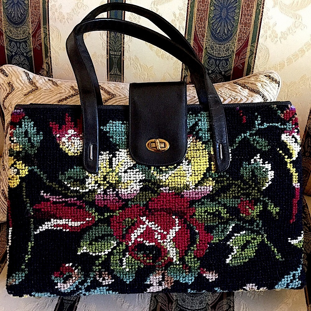 Vintage CARPET BAG FLORAL TAPESTRY NEEDLEPOINT Large Tote Satchel Multicolor